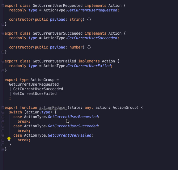 WebStorm type inference for actions in switch case